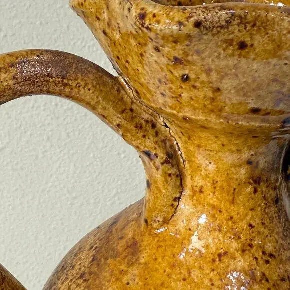 Vintage 1950's Toledo Spain Brown Yellow Speckled Glazed Pottery Vase 2 Handles